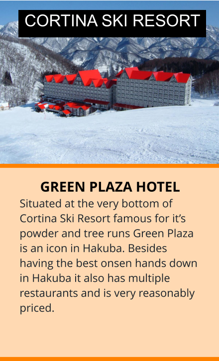 GREEN PLAZA HOTEL Situated at the very bottom of Cortina Ski Resort famous for it’s powder and tree runs Green Plaza is an icon in Hakuba. Besides having the best onsen hands down in Hakuba it also has multiple restaurants and is very reasonably priced. CORTINA SKI RESORT