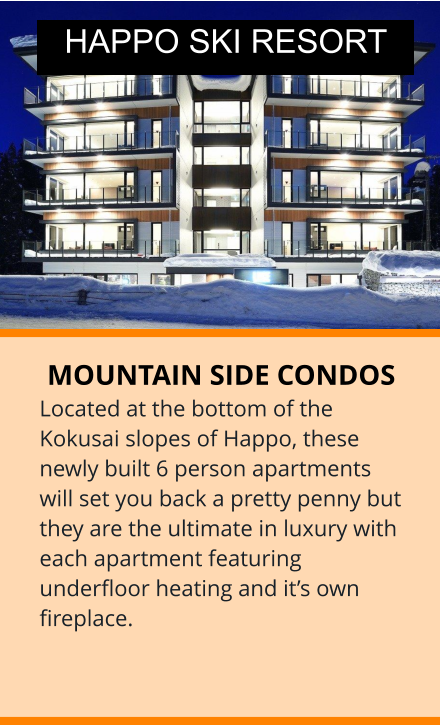 MOUNTAIN SIDE CONDOS Located at the bottom of the Kokusai slopes of Happo, these newly built 6 person apartments will set you back a pretty penny but they are the ultimate in luxury with each apartment featuring underfloor heating and it’s own fireplace. HAPPO SKI RESORT