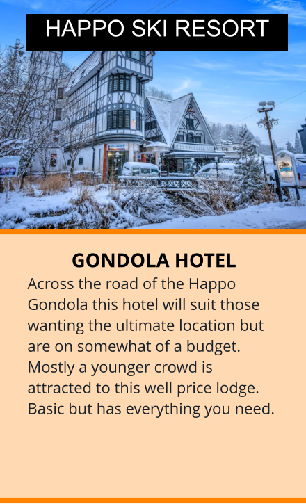 GONDOLA HOTEL Across the road of the Happo Gondola this hotel will suit those wanting the ultimate location but are on somewhat of a budget. Mostly a younger crowd is attracted to this well price lodge. Basic but has everything you need. HAPPO SKI RESORT