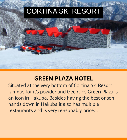 GREEN PLAZA HOTEL Situated at the very bottom of Cortina Ski Resort famous for it’s powder and tree runs Green Plaza is an icon in Hakuba. Besides having the best onsen hands down in Hakuba it also has multiple restaurants and is very reasonably priced. CORTINA SKI RESORT