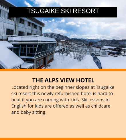 THE ALPS VIEW HOTEL Located right on the beginner slopes at Tsugaike ski resort this newly refurbished hotel is hard to beat if you are coming with kids. Ski lessons in English for kids are offered as well as childcare and baby sitting.  TSUGAIKE SKI RESORT