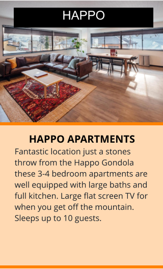 HAPPO APARTMENTS Fantastic location just a stones throw from the Happo Gondola  these 3-4 bedroom apartments are well equipped with large baths and full kitchen. Large flat screen TV for when you get off the mountain. Sleeps up to 10 guests. HAPPO