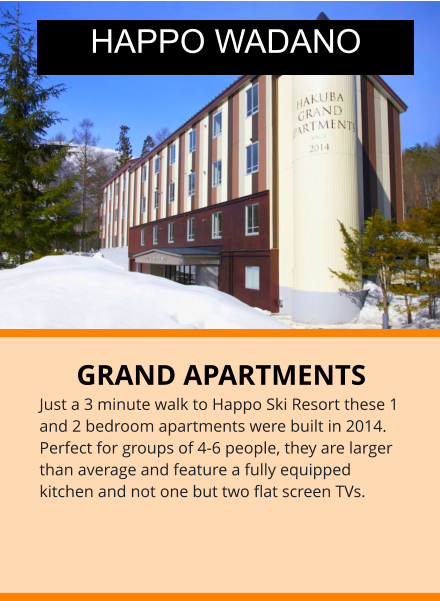 GRAND APARTMENTS Just a 3 minute walk to Happo Ski Resort these 1 and 2 bedroom apartments were built in 2014. Perfect for groups of 4-6 people, they are larger than average and feature a fully equipped kitchen and not one but two flat screen TVs. HAPPO WADANO