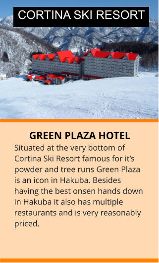 GREEN PLAZA HOTEL Situated at the very bottom of Cortina Ski Resort famous for it’s powder and tree runs Green Plaza is an icon in Hakuba. Besides having the best onsen hands down in Hakuba it also has multiple restaurants and is very reasonably priced. CORTINA SKI RESORT