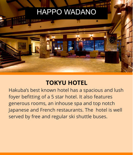 TOKYU HOTEL Hakuba’s best known hotel has a spacious and lush foyer befitting of a 5 star hotel. It also features generous rooms, an inhouse spa and top notch Japanese and French restaurants. The  hotel is well served by free and regular ski shuttle buses.  HAPPO WADANO
