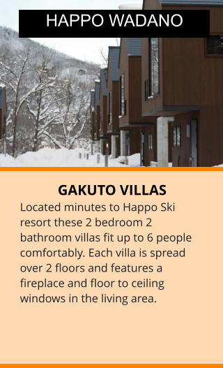 GAKUTO VILLAS Located minutes to Happo Ski resort these 2 bedroom 2 bathroom villas fit up to 6 people comfortably. Each villa is spread over 2 floors and features a fireplace and floor to ceiling windows in the living area.  HAPPO WADANO