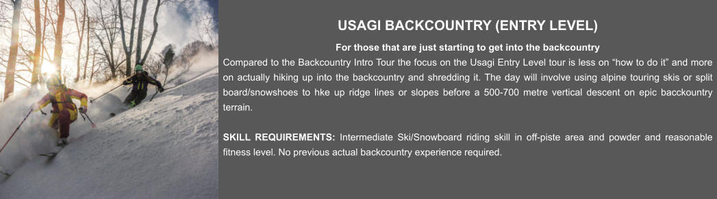 USAGI BACKCOUNTRY (ENTRY LEVEL) For those that are just starting to get into the backcountry Compared to the Backcountry Intro Tour the focus on the Usagi Entry Level tour is less on “how to do it” and more on actually hiking up into the backcountry and shredding it. The day will involve using alpine touring skis or split board/snowshoes to hke up ridge lines or slopes before a 500-700 metre vertical descent on epic bacckountry terrain.   SKILL REQUIREMENTS: Intermediate Ski/Snowboard riding skill in off-piste area and powder and reasonable fitness level. No previous actual backcountry experience required.