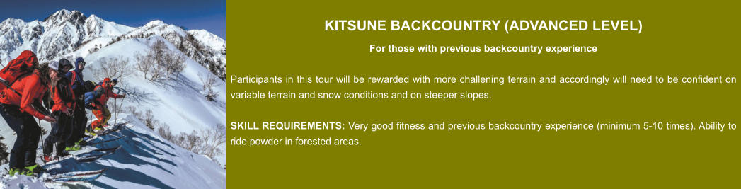 KITSUNE BACKCOUNTRY (ADVANCED LEVEL) For those with previous backcountry experience  Participants in this tour will be rewarded with more challening terrain and accordingly will need to be confident on variable terrain and snow conditions and on steeper slopes.  SKILL REQUIREMENTS: Very good fitness and previous backcountry experience (minimum 5-10 times). Ability to ride powder in forested areas.