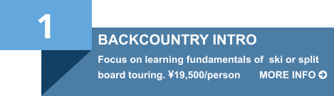 1 BACKCOUNTRY INTRO Focus on learning fundamentals of  ski or split board touring. 19,500/person 	MORE INFO 