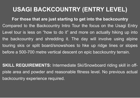 USAGI BACKCOUNTRY (ENTRY LEVEL) For those that are just starting to get into the backcountry Compared to the Backcountry Intro Tour the focus on the Usagi Entry Level tour is less on “how to do it” and more on actually hiking up into the backcountry and shredding it. The day will involve using alpine touring skis or split board/snowshoes to hke up ridge lines or slopes before a 500-700 metre vertical descent on epic bacckountry terrain.   SKILL REQUIREMENTS: Intermediate Ski/Snowboard riding skill in off-piste area and powder and reasonable fitness level. No previous actual backcountry experience required.