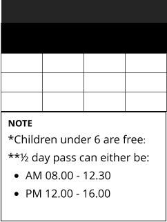 NOTE *Children under 6 are free: **½ day pass can either be: •	AM 08.00 - 12.30 •	PM 12.00 - 16.00