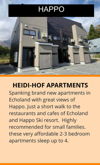 HEIDI-HOF APARTMENTS Spanking brand new apartments in Echoland with great views of Happo. Just a short walk to the restaurants and cafes of Echoland and Happo Ski resort.  Highly recommended for small families. these very affordable 2-3 bedroom apartments sleep up to 4.    HAPPO