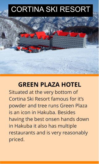 GREEN PLAZA HOTEL Situated at the very bottom of Cortina Ski Resort famous for it’s powder and tree runs Green Plaza is an icon in Hakuba. Besides having the best onsen hands down in Hakuba it also has multiple restaurants and is very reasonably priced. CORTINA SKI RESORT