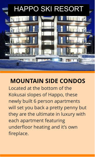 MOUNTAIN SIDE CONDOS Located at the bottom of the Kokusai slopes of Happo, these newly built 6 person apartments will set you back a pretty penny but they are the ultimate in luxury with each apartment featuring underfloor heating and it’s own fireplace. HAPPO SKI RESORT