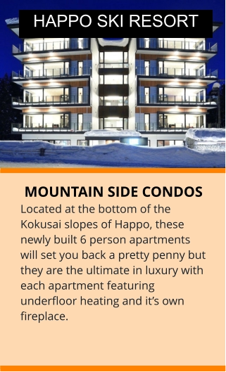 MOUNTAIN SIDE CONDOS Located at the bottom of the Kokusai slopes of Happo, these newly built 6 person apartments will set you back a pretty penny but they are the ultimate in luxury with each apartment featuring underfloor heating and it’s own fireplace. HAPPO SKI RESORT
