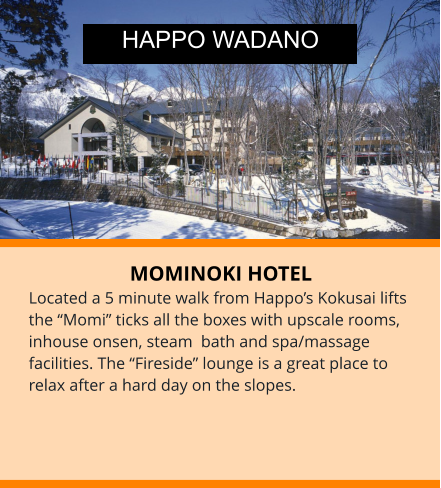MOMINOKI HOTEL Located a 5 minute walk from Happo’s Kokusai lifts the “Momi” ticks all the boxes with upscale rooms,  inhouse onsen, steam  bath and spa/massage facilities. The “Fireside” lounge is a great place to relax after a hard day on the slopes. HAPPO WADANO