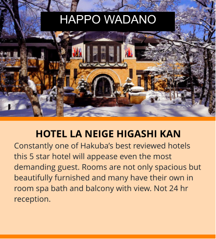 HOTEL LA NEIGE HIGASHI KAN Constantly one of Hakuba’s best reviewed hotels this 5 star hotel will appease even the most demanding guest. Rooms are not only spacious but beautifully furnished and many have their own in room spa bath and balcony with view. Not 24 hr reception. HAPPO WADANO