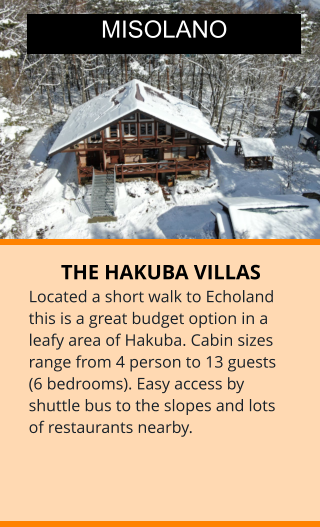 THE HAKUBA VILLAS Located a short walk to Echoland this is a great budget option in a leafy area of Hakuba. Cabin sizes range from 4 person to 13 guests (6 bedrooms). Easy access by shuttle bus to the slopes and lots of restaurants nearby.  MISOLANO