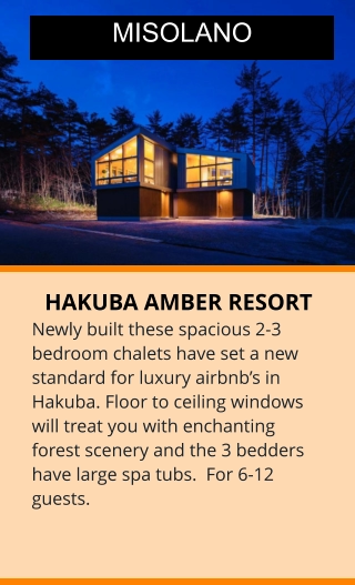 HAKUBA AMBER RESORT Newly built these spacious 2-3 bedroom chalets have set a new standard for luxury airbnb’s in Hakuba. Floor to ceiling windows will treat you with enchanting forest scenery and the 3 bedders have large spa tubs.  For 6-12 guests.  MISOLANO