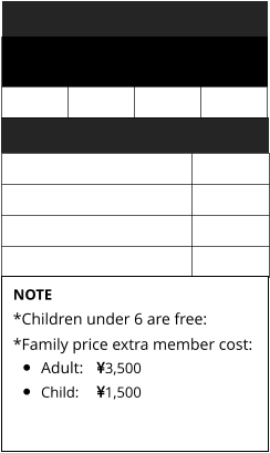 NOTE *Children under 6 are free: *Family price extra member cost:   •	Adult:	3,500 •	Child:	1,500