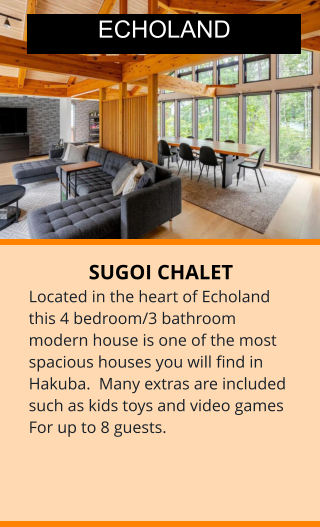 SUGOI CHALET Located in the heart of Echoland this 4 bedroom/3 bathroom modern house is one of the most spacious houses you will find in Hakuba.  Many extras are included such as kids toys and video games For up to 8 guests.  ECHOLAND