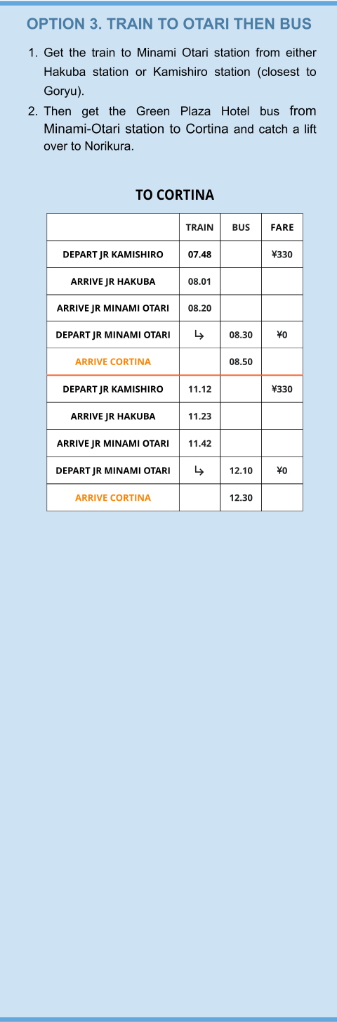 OPTION 3. TRAIN TO OTARI THEN BUS 	1.	Get the train to Minami Otari station from either Hakuba station or Kamishiro station (closest to Goryu).  	2.	Then get the Green Plaza Hotel bus from Minami-Otari station to Cortina and catch a lift over to Norikura.  TRAIN BUS FARE DEPART JR KAMISHIRO  07.48  330 ARRIVE JR HAKUBA 08.01   ARRIVE JR MINAMI OTARI 08.20   DEPART JR MINAMI OTARI  08.30 0 ARRIVE CORTINA  08.50  DEPART JR KAMISHIRO 11.12  330 ARRIVE JR HAKUBA 11.23   ARRIVE JR MINAMI OTARI 11.42   DEPART JR MINAMI OTARI  12.10 0 ARRIVE CORTINA  12.30  TO CORTINA