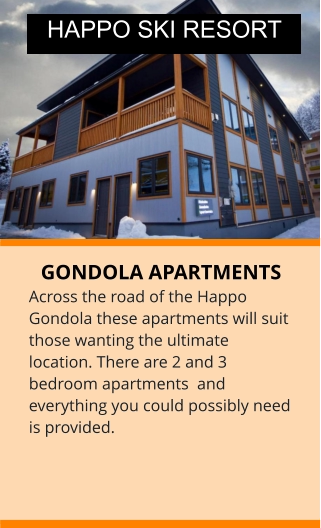 GONDOLA APARTMENTS Across the road of the Happo Gondola these apartments will suit those wanting the ultimate location. There are 2 and 3 bedroom apartments  and everything you could possibly need is provided. HAPPO SKI RESORT