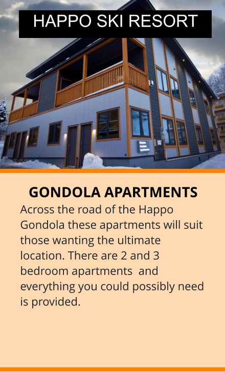 GONDOLA APARTMENTS Across the road of the Happo Gondola these apartments will suit those wanting the ultimate location. There are 2 and 3 bedroom apartments  and everything you could possibly need is provided. HAPPO SKI RESORT