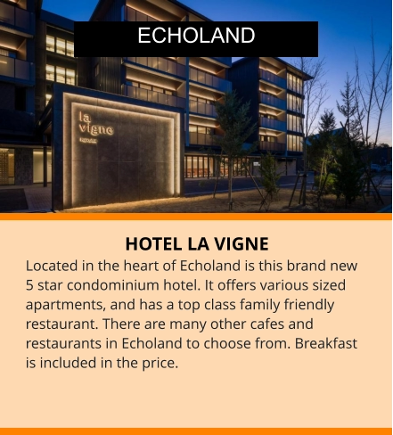 HOTEL LA VIGNE Located in the heart of Echoland is this brand new 5 star condominium hotel. It offers various sized apartments, and has a top class family friendly restaurant. There are many other cafes and restaurants in Echoland to choose from. Breakfast is included in the price.  ECHOLAND