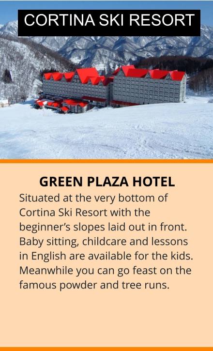 GREEN PLAZA HOTEL Situated at the very bottom of Cortina Ski Resort with the beginner’s slopes laid out in front. Baby sitting, childcare and lessons in English are available for the kids. Meanwhile you can go feast on the famous powder and tree runs.  CORTINA SKI RESORT